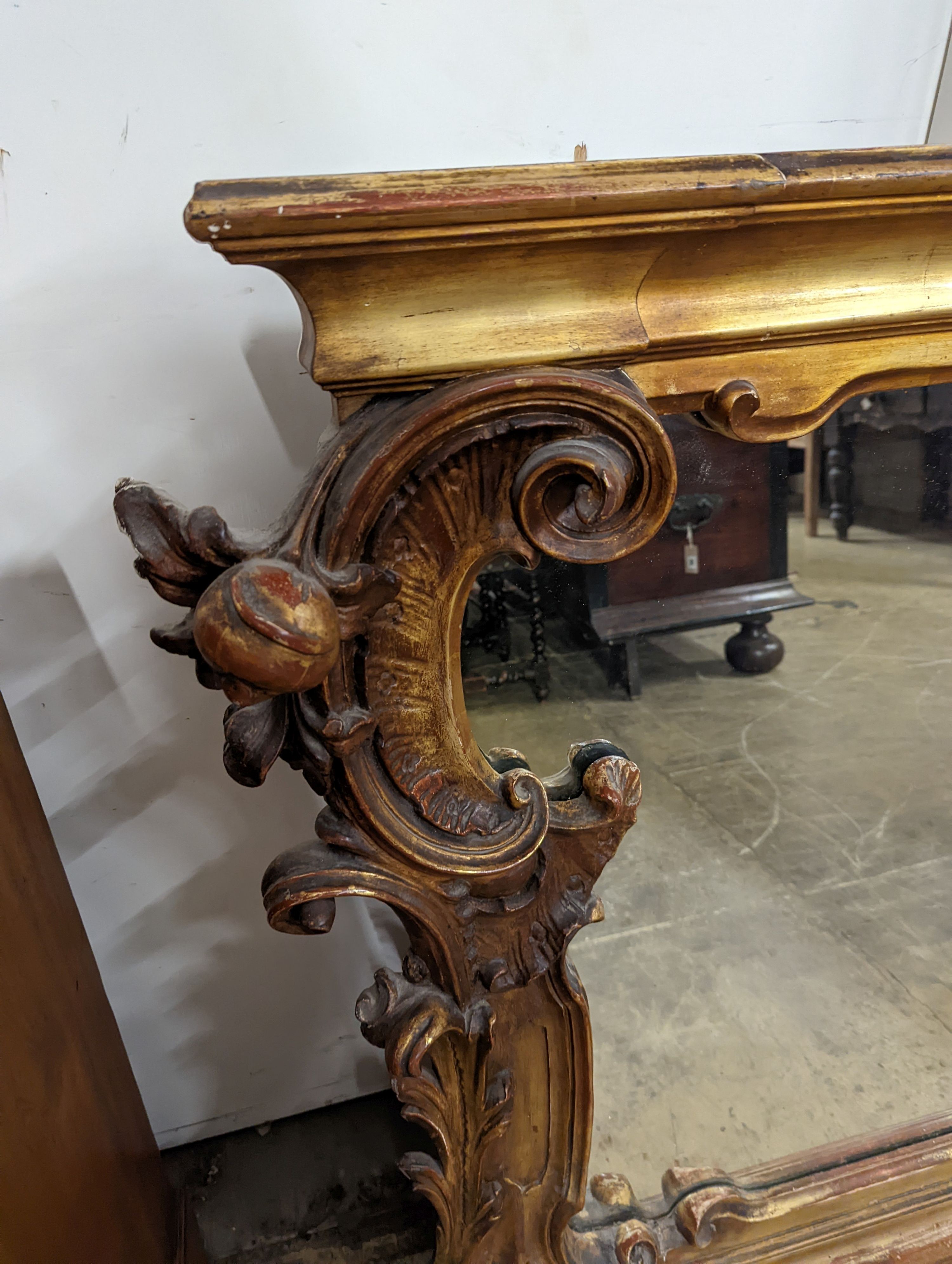A large Victorian gilt framed landscape overmantel mirror. W-260cm, D-11cm, H-96cm.